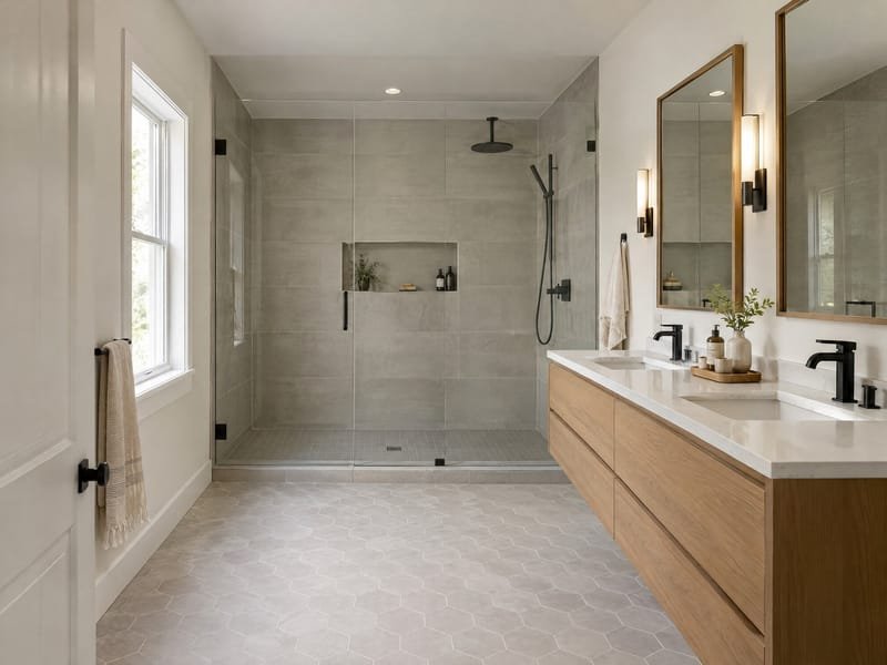 Remodeled bathroom with a glass walk-in shower, large-format tile and a floating oak double vanity