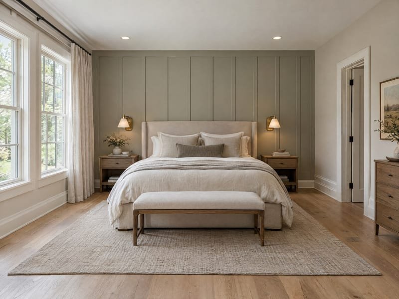 Renovated primary bedroom with a board-and-batten wall, oak floors and layered lighting
