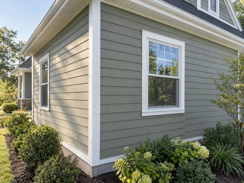 House corner clad in sage-gray lap siding with white corner boards and window trim