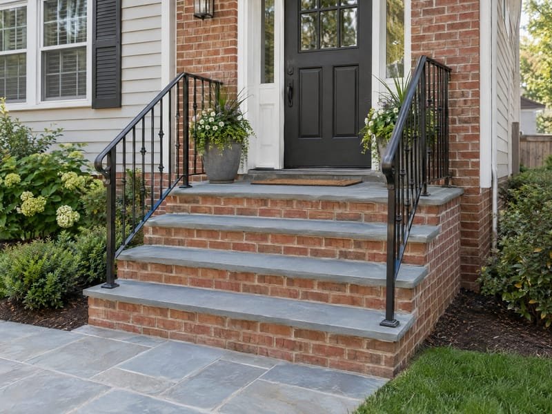 Rebuilt brick entry stoop with bluestone-capped steps and black iron handrails